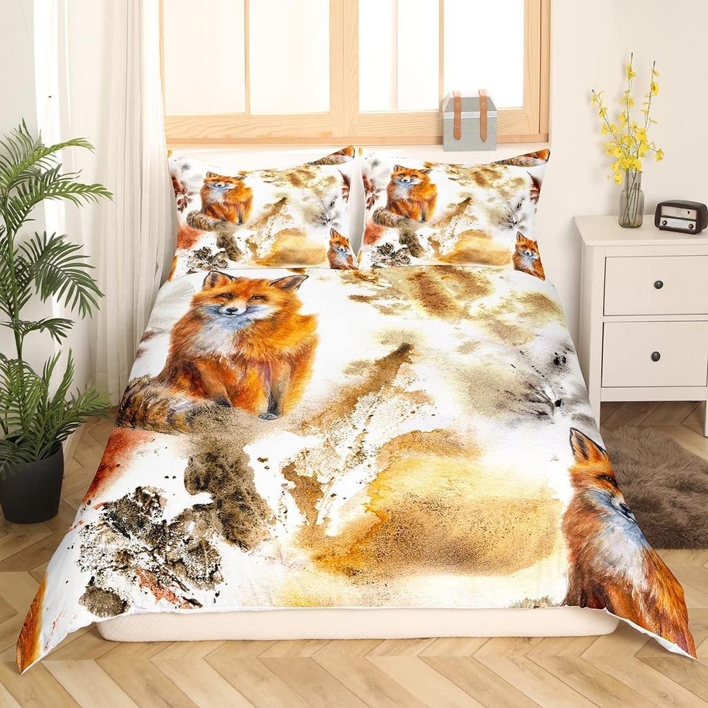 Cartoon Fox Duvet Cover Set Cute Kawaii Wild Animals King Queen Size Polyester Comforter Cover With Pillowcase For Kids Teens