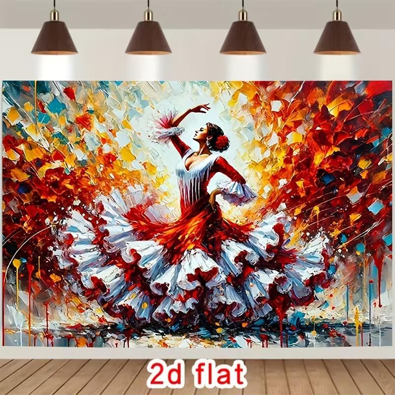 2D Spanish Flamenco Dancer Oil Painting Style Studio Background