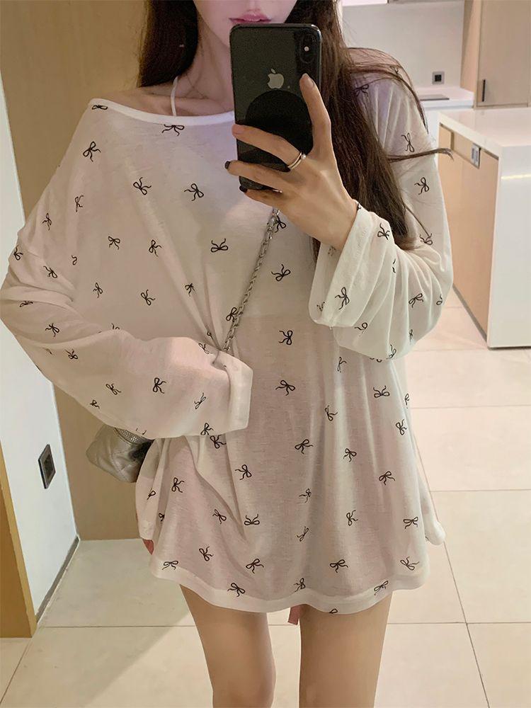 Women's Sheer Bow Print Long Sleeve Sun Protection Top - Spring/Summer Casual Cover-up