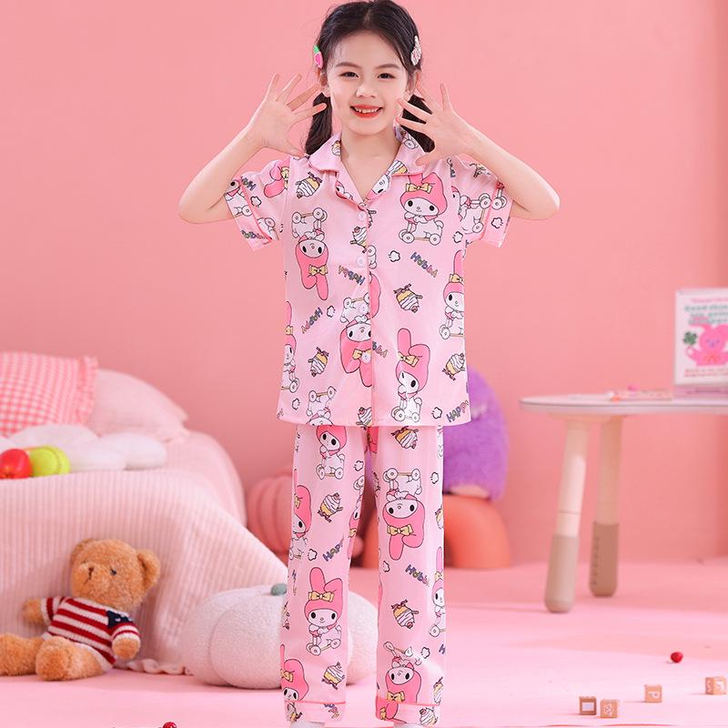 Kuromi Girls' Spring/Autumn Pajama Set with Short Sleeve Cardigan and Long Pants for Indoor/Outdoor Wear