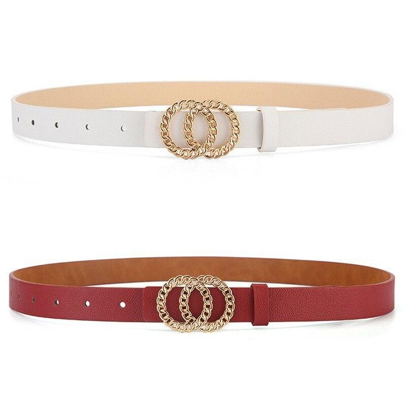 New Women's Belt Fashion Gold Hollow Button Belt Personalized Double Round Button PU Leather Belt Paired with Jeans Lady Belt