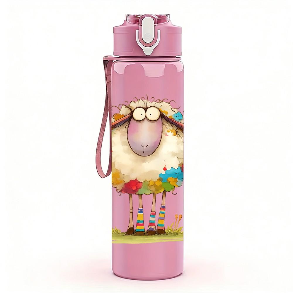 1PC Colorful Fluffy Sheep 750ml Color Plastic Sports Water Bottle Leakproof Flip Straw Lid Suitable for Sports Office Home Use