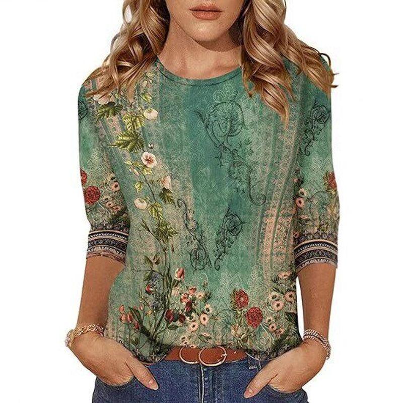 

2025 Cross-Border Amazon Three-Quarter Sleeve Women s T-Shirt Top Fashion Casual Spring Clothing Army Green S
