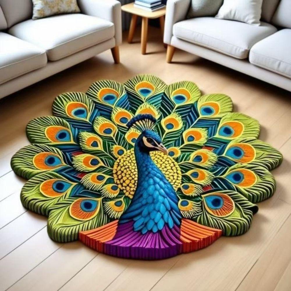 Non-slip Peacock Carpet Soft Bathroom Floor Mat Portable Blanket for Living Room Tea Table Bedside