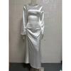 Women's Round Neck Long Sleeve Solid Colorwith Tie Back Elegant Long Dress 