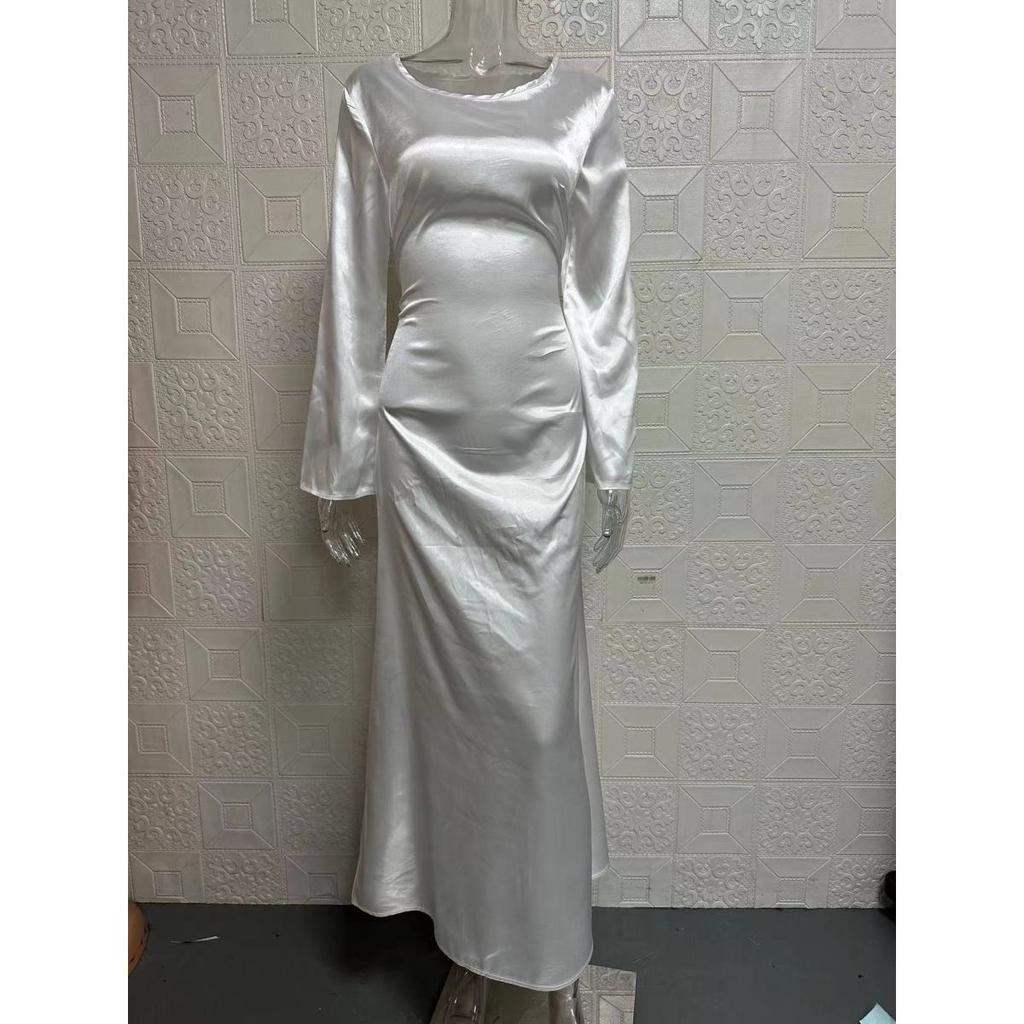 Women's Round Neck Long Sleeve Solid Colorwith Tie Back Elegant Long Dress 