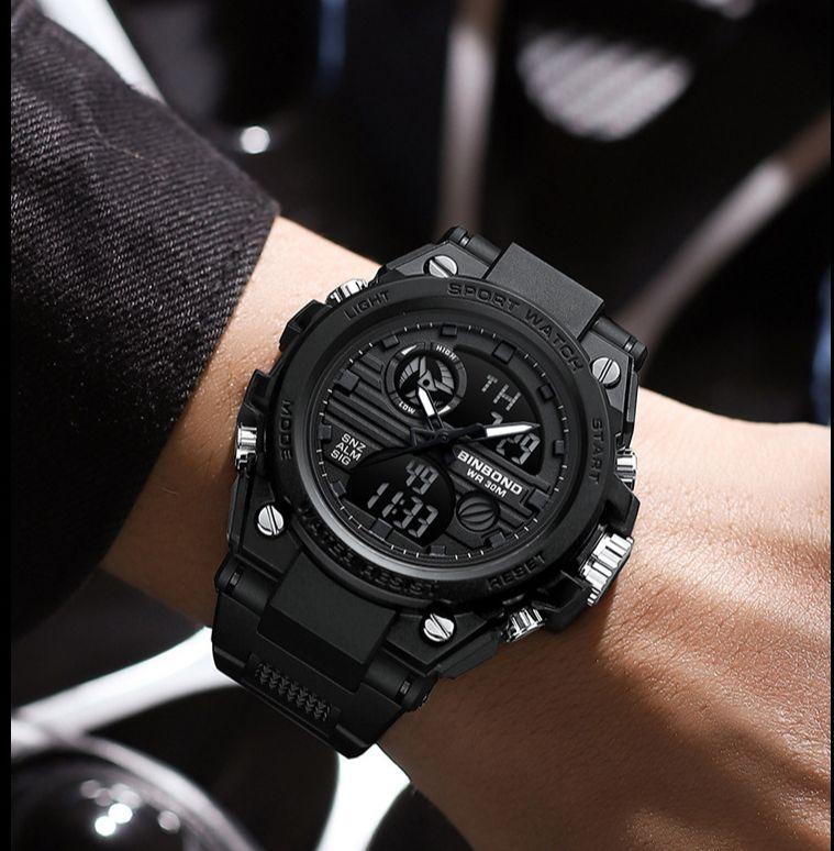 BINBOND LED Digital Watch Men Waterproof Luminous Double Display Quartz Wristwatches Men's Fashion Silicone Band Man Watches