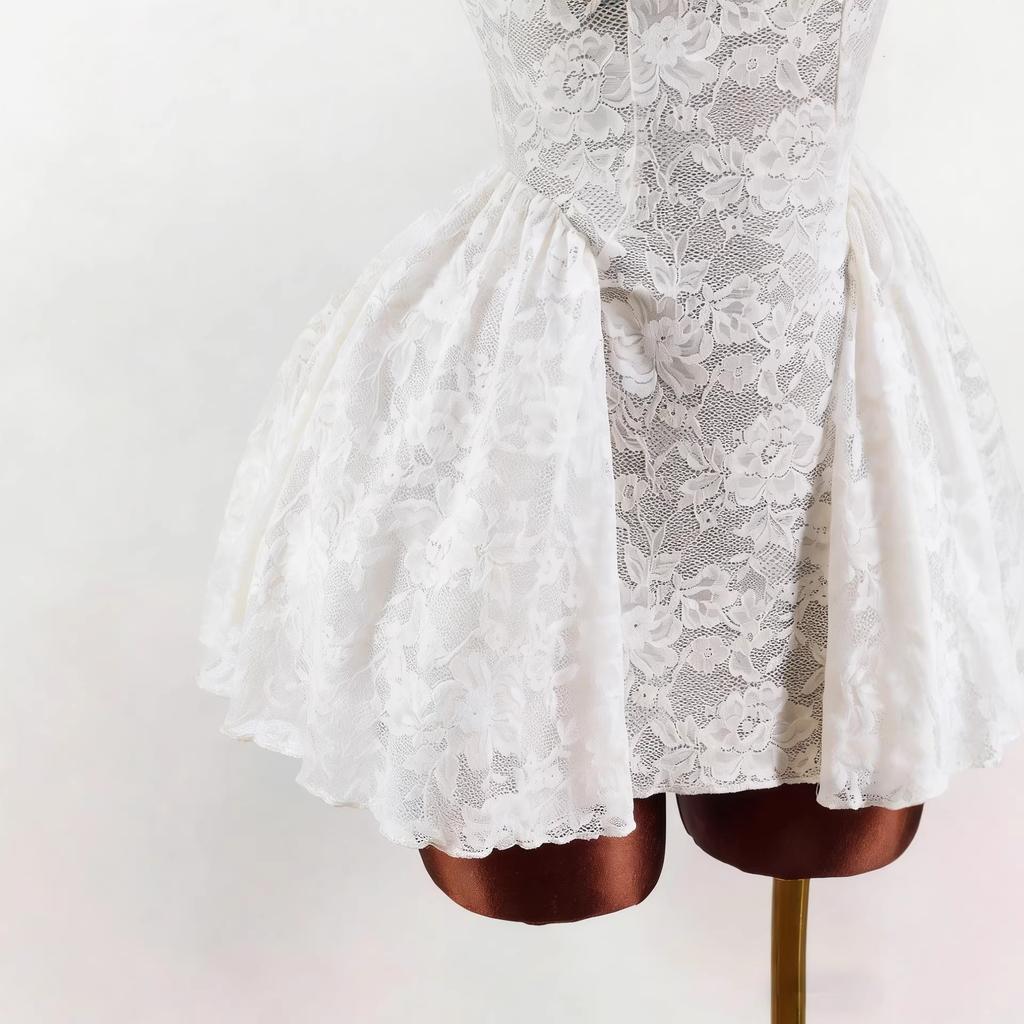 European and American new women's white lace dress square collar broadband waist bud puffy skirt