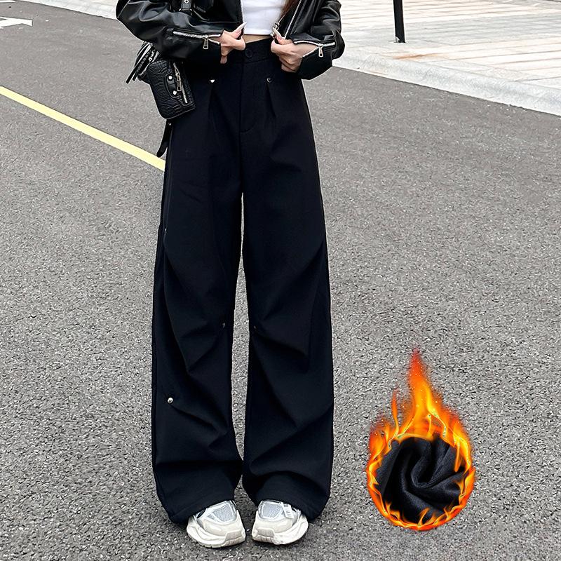 

Fleece Rivets for Women s Autumn and Winter Thickened High-waisted Straight-leg Sweatpants Draped Wide-leg Casual Floor Pants XL