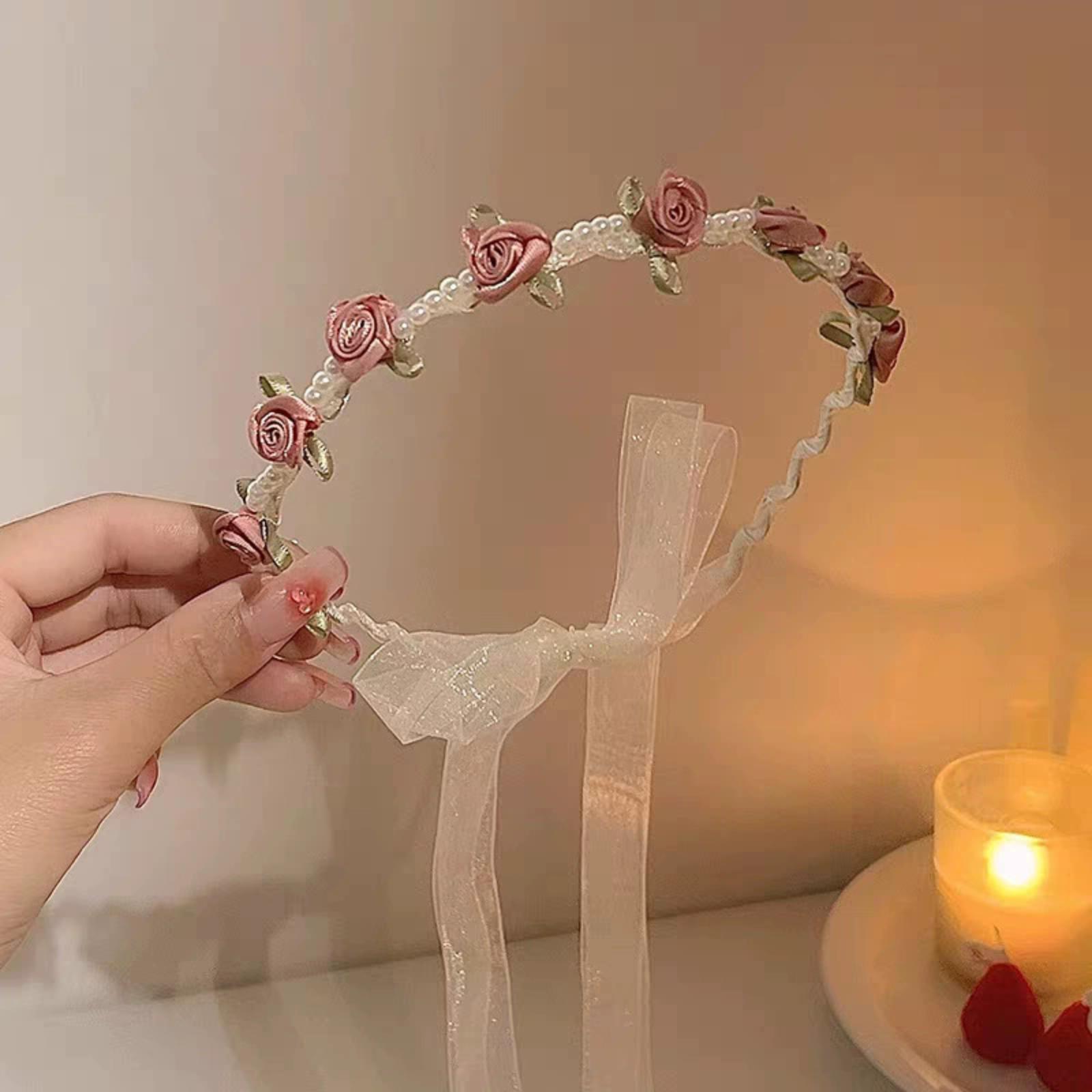 

Girls Floral Headband with Small Fabric Flowers and Ribbon Ties Adjustable Kids Hair Accessory for Special Occasions and Everyday Wear One Size білий