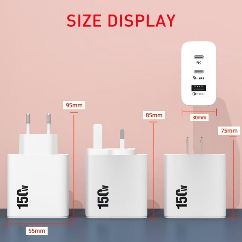 150W 3 Port USB C Chargers Plugs QC3.0 PD3.0 150W 2 Type C 1 USB Fast Chargers Plugs for Cellphone, Laptops, Tablets