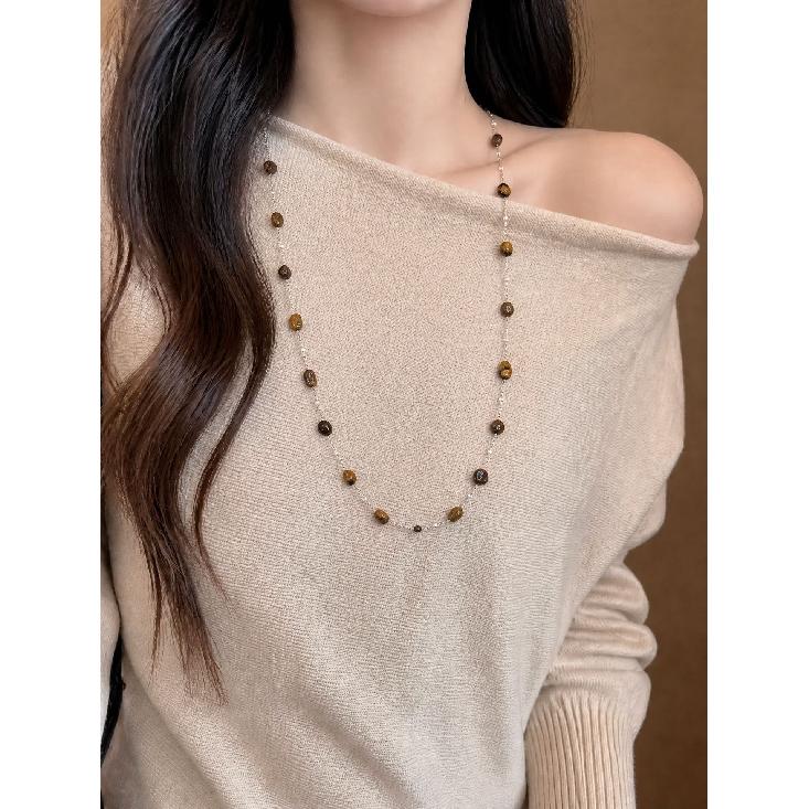 Melard Tiger Eye Stone Irregular Beaded Necklace Fashionable and Versatile Sweater Chain with Unique Design for Autumn and Winter Women's Jewelry