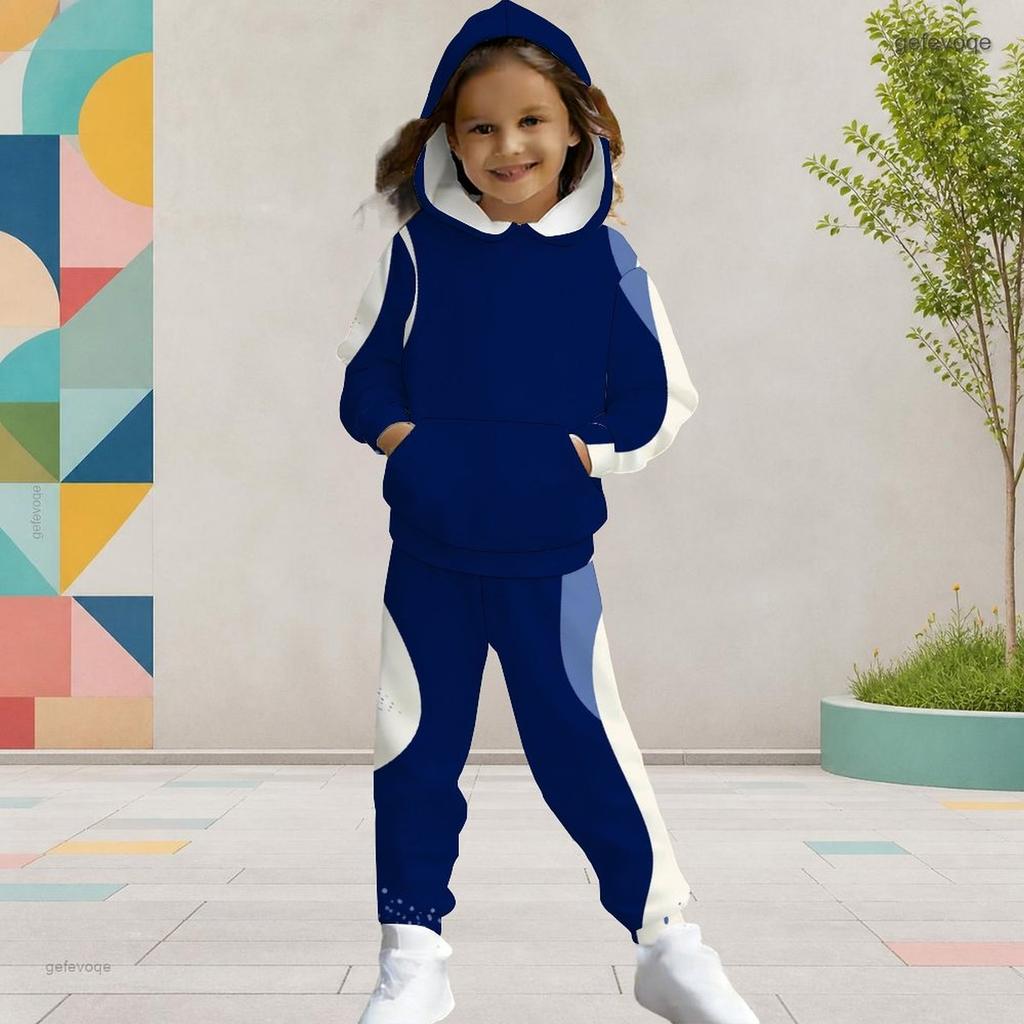 Girls Abstract Printed Hooded Long Sleeve Kangaroo Pocket Top Cuffed Pants Two Piece Set