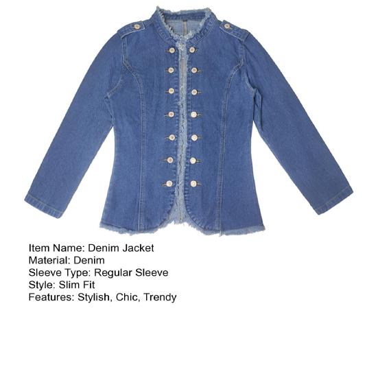 Geacă de blugi de damă cu mâneci lungi, tiv franjurat, geacă de denim elastică, croială slim-fit, cu nasturi, jachetă de blugi scurtă