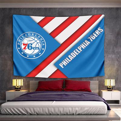 Diagonal Blue, Red, and White Stripes with Philadelphia 76ers Logo Text. Patterned Tapestry for Bedroom and Living Room Home Decor