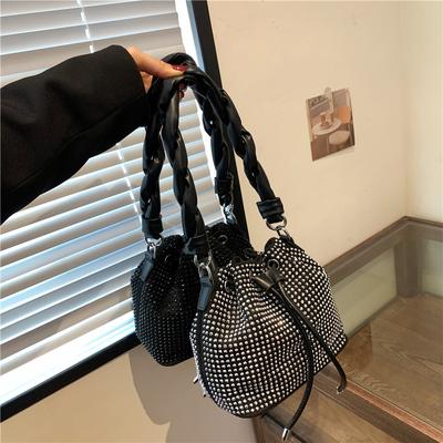 Fashion Rivet Design Bucket Bags for Women  New PU Leather Drawstring Female One Shoulder Bag Lady Casual Handbag