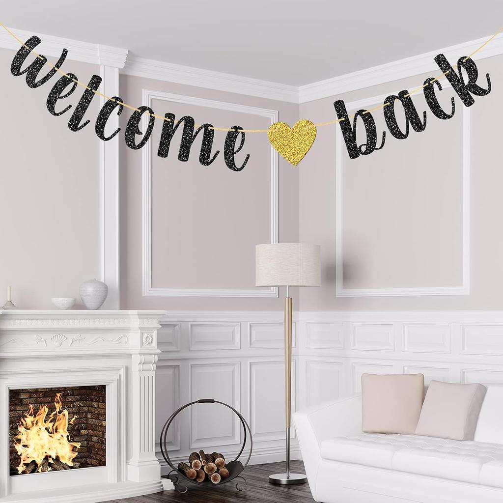 Welcome Back Banner, Returning Home Party Supplies, Happy Retirement Sign, Welcome Home Theme, Back To School Party Decorations Black Glitter