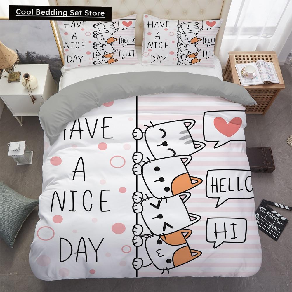 Cartoons Niedliche Katze Bettbezug Bettdeckenbezug Kissenbezug Junge Mädchen 2/3-teiliges Bettwäscheset King Queen Größe Kitty Polyester Bettdeckenbezug
