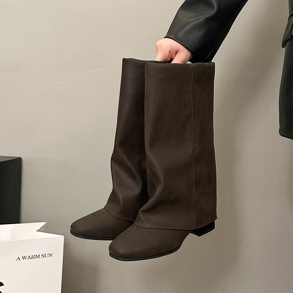 Brown retro thick heel high trouser boots knight boots early autumn new boots French women's boots western cowboy boots