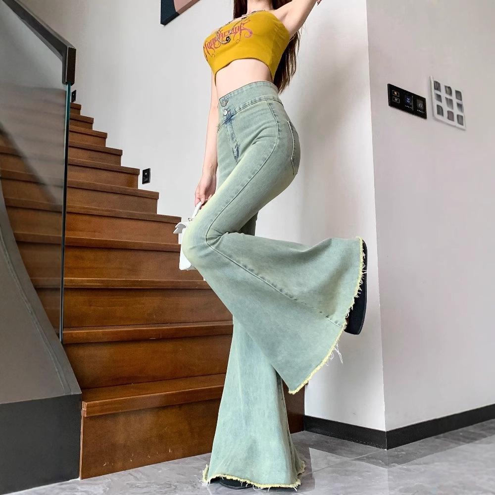 2024 Dam Retro Hög Midja Fishtail Flare Jeans - Smalande Elastiska Vida Ben Golvlånga Byxor