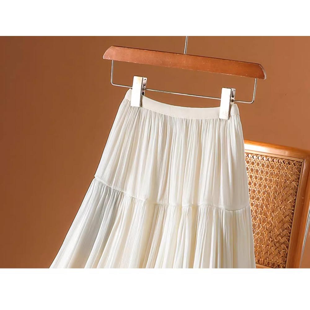 2025 Summer Women New Skirts Solid Elastic Waist Pleated Mesh Elegant Skirts