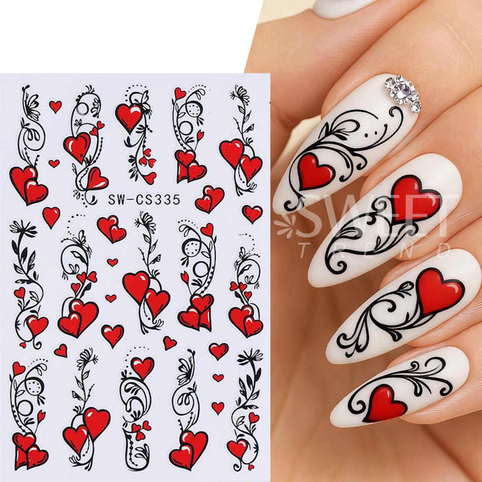 3pcs Valentine's Nail Stickers Red Love Lace Border Bow French Design Adhesive Nail Decal DIY Elegant Manicure Decoration