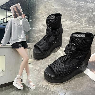 Fish Mouth Cool Boots Spring 22 Summer Thick-soled Inner Height Increase Mesh Cool Boots Short Boots Thin Boots Wedge Heel High Heel Sandals
