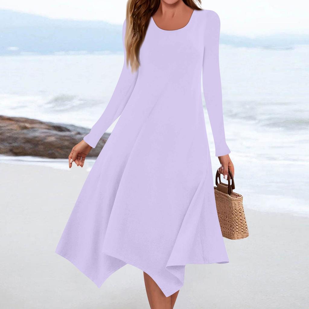 Women's Casual Fashion Round Neck Long Sleeve Solid Color Irregular Hem Midi Dress