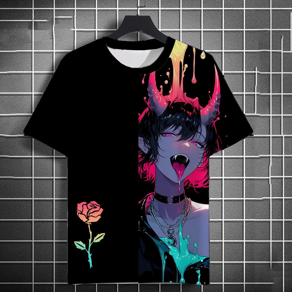 Summer Anime Girls Rose 3D Print T-Shirts Streetwear Men Fashion Oversized O-Neck Short Sleeved T Shirt Tees Tops Clothing