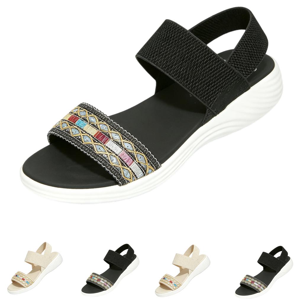 Women Elastic Band Open Toe Sandals Lightweight Casual Summer Shoes Slip On Flat Sole Breathable Soft Comfortable Footwear