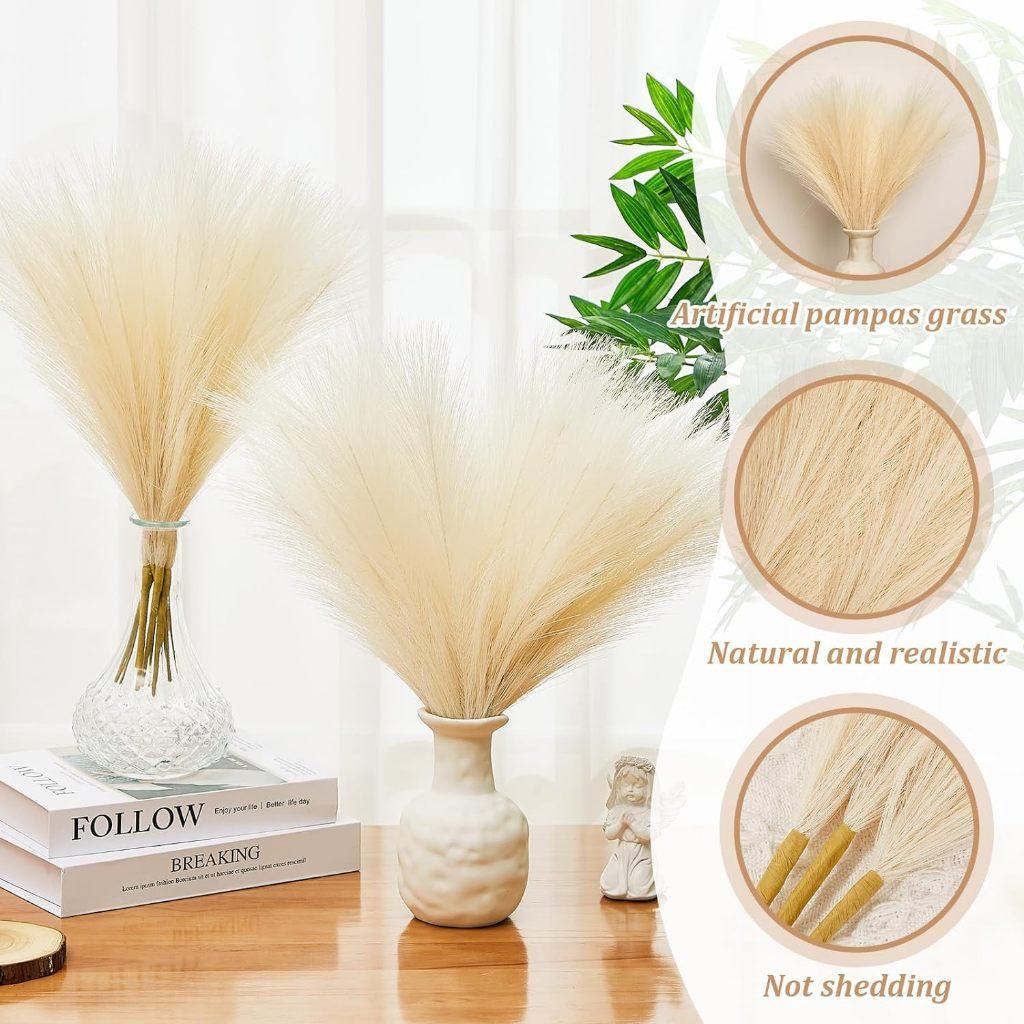 24PCS Brown Faux Pampas Grass White, 56cm Short Artificial Pompous Grass Floral Fake Pompas Grass Branches Vase Filler