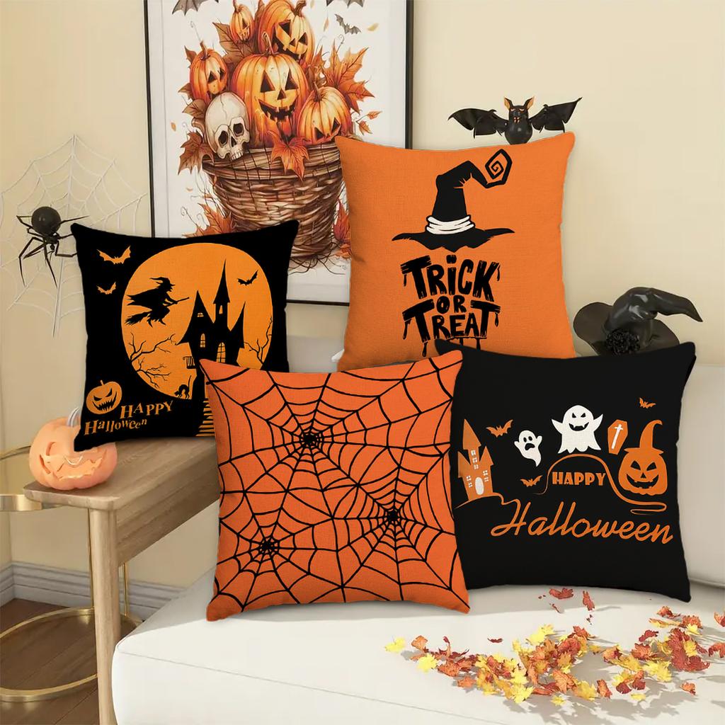 1Pc/4Pcs Halloween Pillow Cover, Halloween Witch, Ghost, Pumpkin Head, Living Room, Bedroom Sofa Decoration Cushion Cover