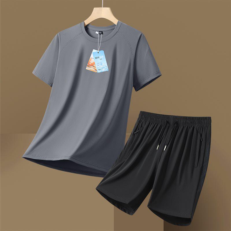 Men's Summer Ice Silk Sports Suit - Casual Two-piece Short Sleeve T-shirt & Shorts Set for All Ages.