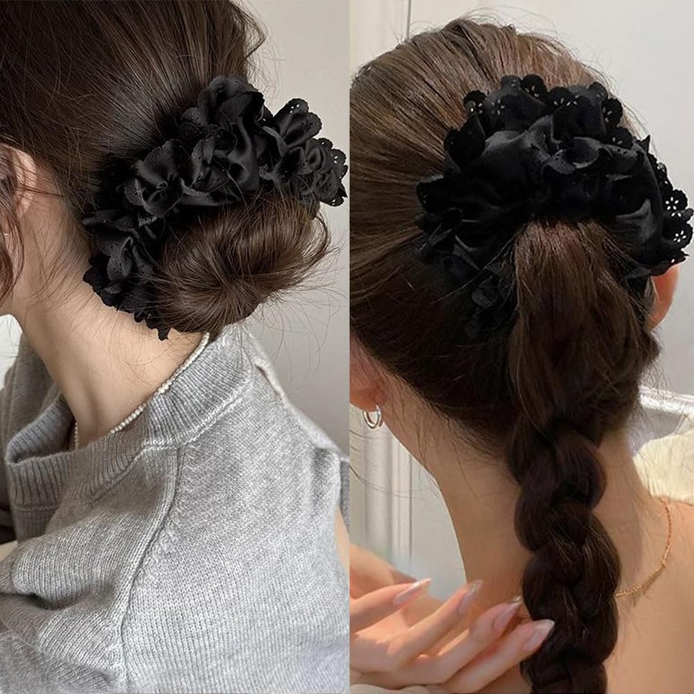 Schwarzes Satin-Haargummi mit Spitzen-Ausschnitt, Farbauswahl, Schonend für das Haar, Hohe Elastizität, Stilvolles Haaraccessoire für Damen, Muttertagsgeschenk