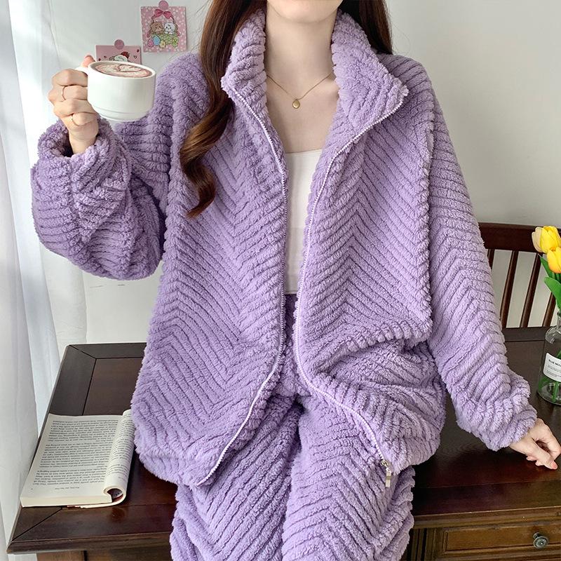 Pijamale Jacquard din Fleece Coral pentru Femei: Cardigan drăguț, călduros, cu guler înalt cu fermoar pentru toamnă și iarnă