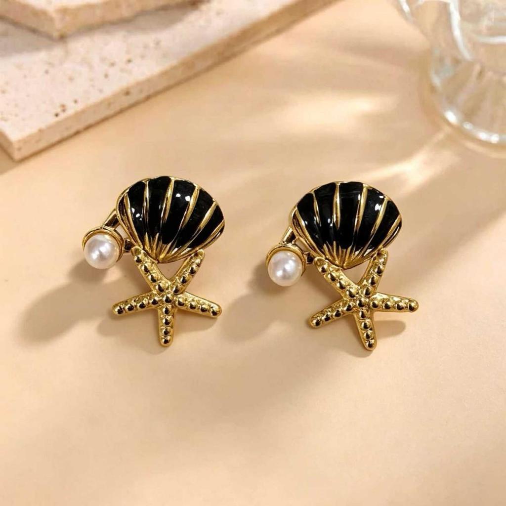 Cross-Border Glazed Starfish & Shell Pearl Stud Earrings - Light Luxury Beach Jewelry
