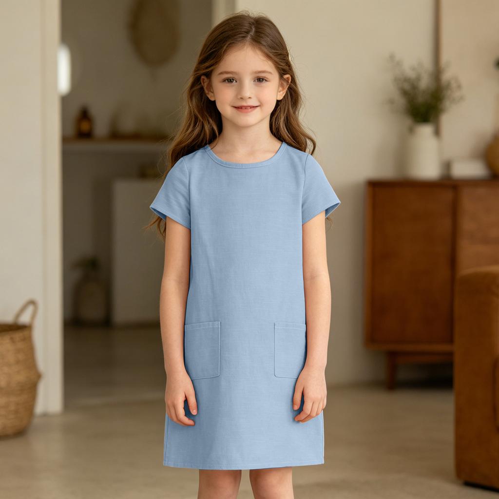 Girls Casual Dress Summer Linen Cotton Blend Short Sleeve Pockets Straight Cut Comfortable Lightweight Dress for Everyday Wear