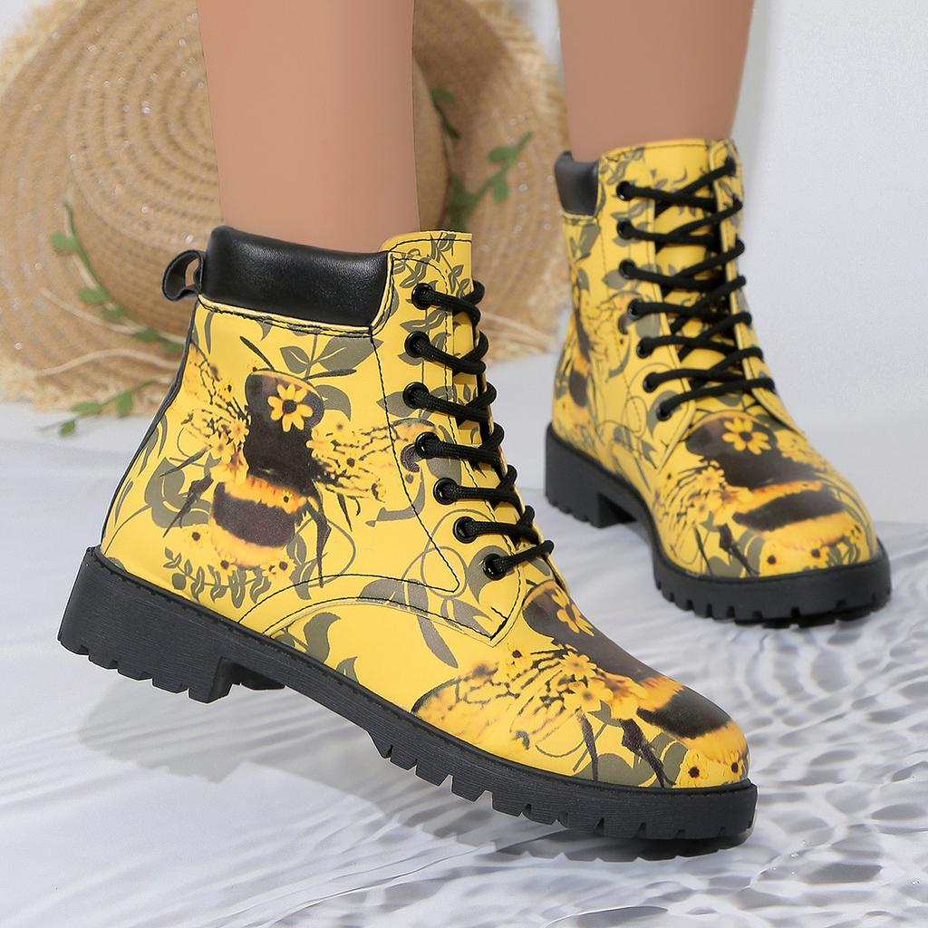 Boots Woman Elegantes Lace Up Low Heel Ankle Botas Mujer Ladies Casual Shoes Retro Round Toe Printing Boot Chelsea Bottes Femmes