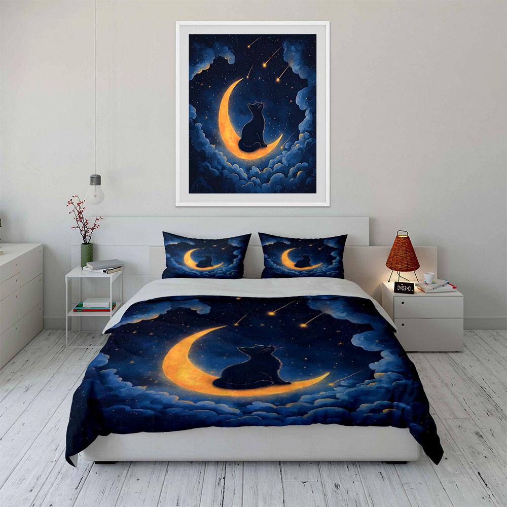 Katze auf Mond mit Sternschnuppen Bettwäsche Bettbezug Set (1*Bettbezug 2*Kissenbezüge, ohne Bettdecke)