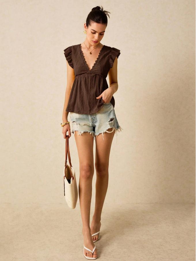 2025 European-American Women's Spring/Summer V-Neck Ruffle Lace Top