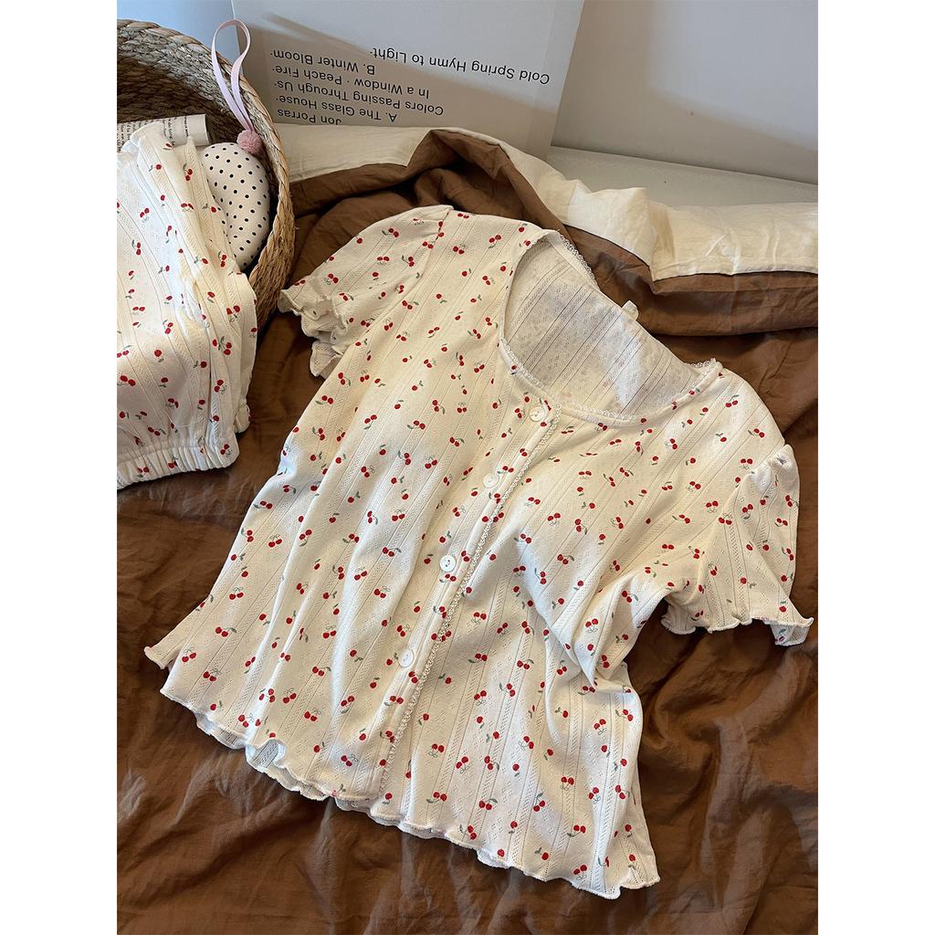Pigiama da donna con stampa ciliegie dolci, nuovo per la primavera, taglie grandi, comodo, maniche corte, set da loungewear con pantaloncini