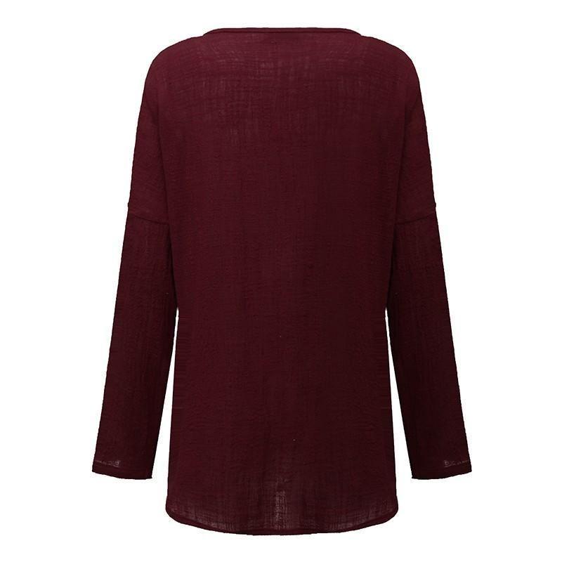 Camicetta da Donna Oversize in Cotone e Lino a Manica Lunga con Vestibilità Casual e Tasche Frontali