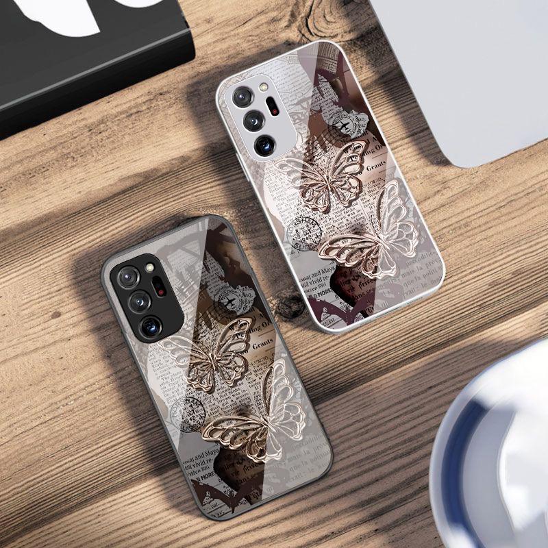 Vintage Schmetterling für Samsung Galaxy Note 8 9 10 PRO 20 Ultra A01 02 03 Core 04E 4G 12 13 5G Gehärtetes Glas Handyhülle