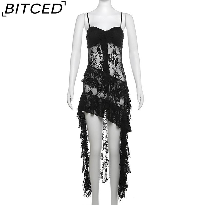 BITCED Summer Women's Solid-Colour Slim-Fit High-Waisted Fashion Strapless Backless Lace Dress