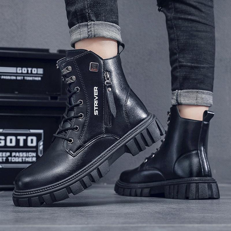 Men's English style motorcycle black men's boots autumn high top tide boots short casual leather boots H574