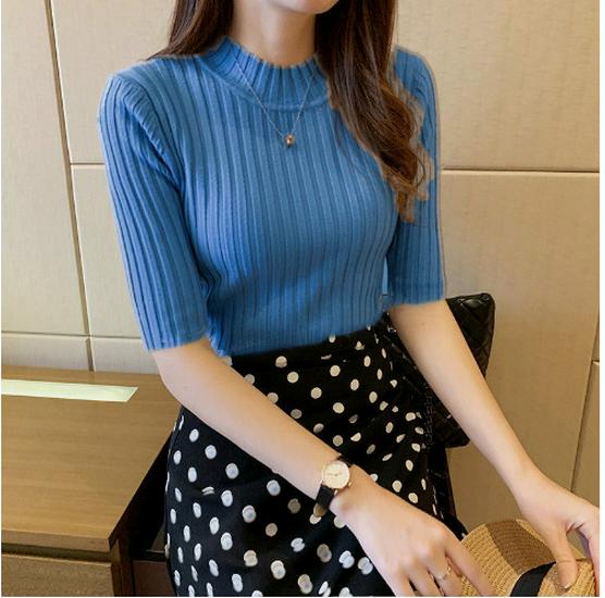 2024 Women's Black Slim Fit Mid-Sleeve Knitted Sweater - Spring/Autumn Base Layer Top