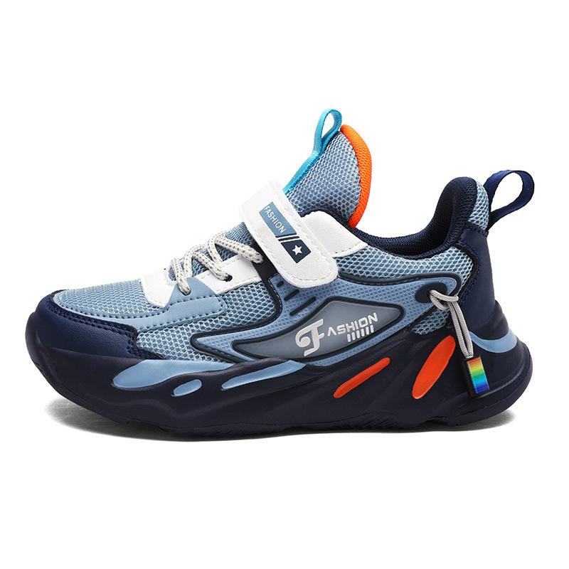 Boys shoes 2025 autumn new double mesh leather surface breathable hollow children's sports shoes medium older boys running shoes