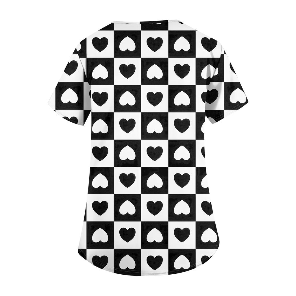 Women's Cute Bow Printed Work Clothes V,neck Double Layer Pockets Basic Short Sleeve Top Pullover