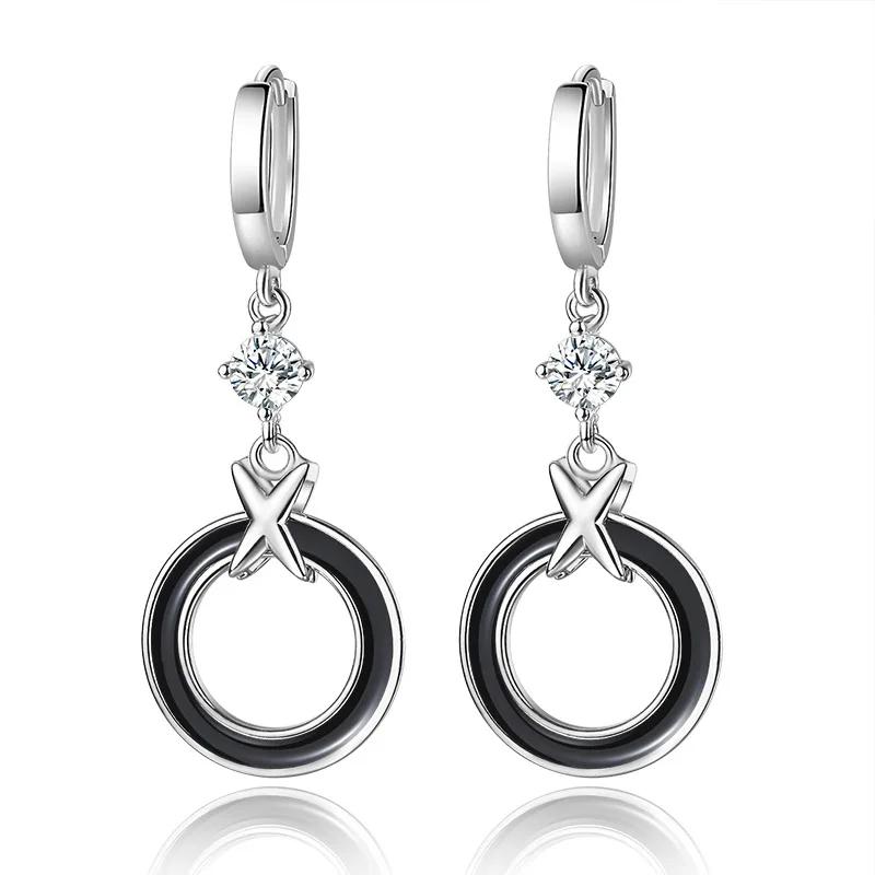 

Trendy Black Circle X Hoop Earrings for Women 925 Sterling Silver Jewelry Shiny Zircon Long Earring Party Accessories серебряный