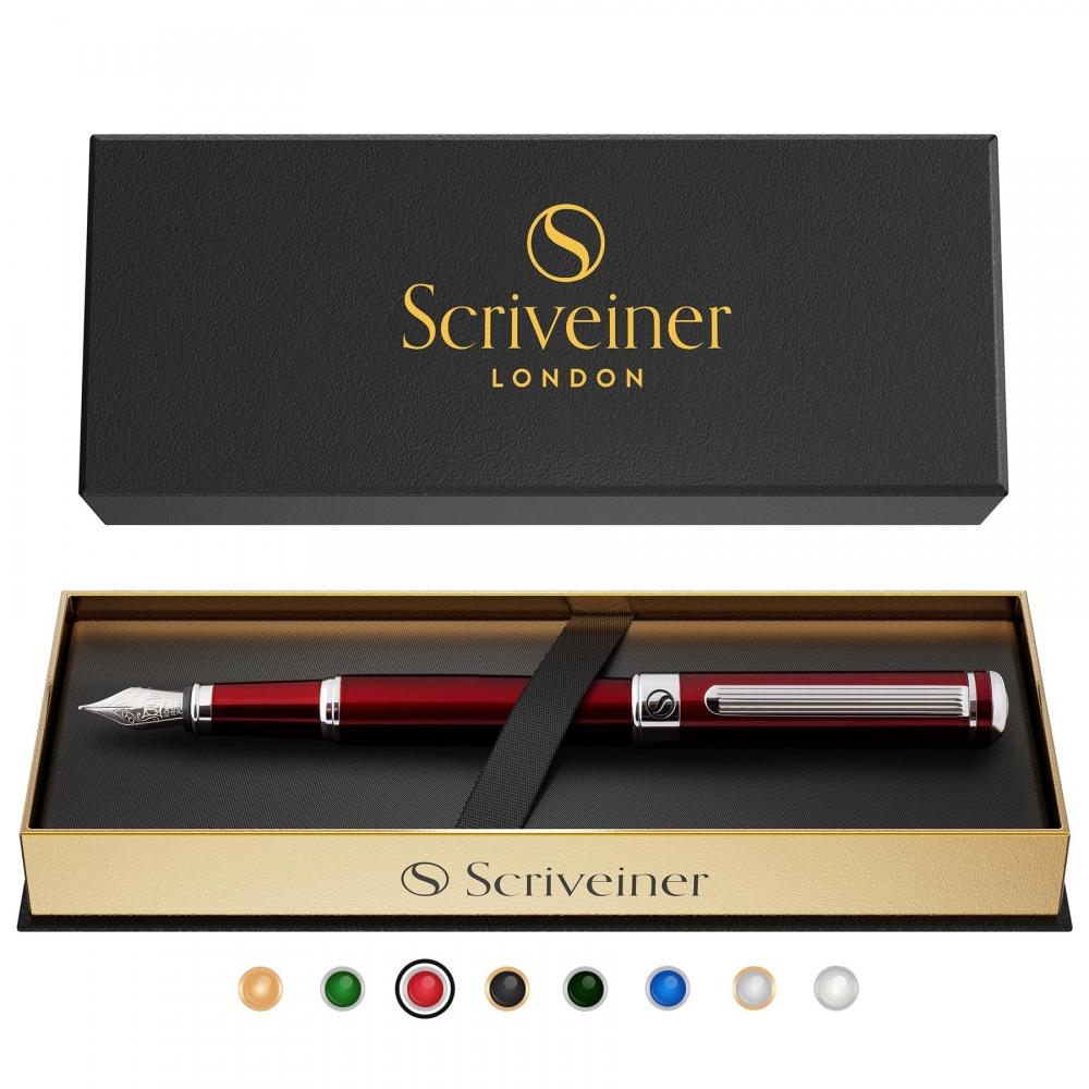 Scriveiner Deep Crimson Red Fountain Pen - Stunning Luxury Pen with Chrome Finish, Schmidt Nib (Medium), Best Pen Gift Set for Men & Women, Profession